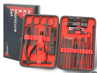 25-26 piece black steel nail clippers set in compact case with black and red leather accents