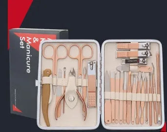 25-26 piece black steel nail clippers set in compact case with black and red leather accents