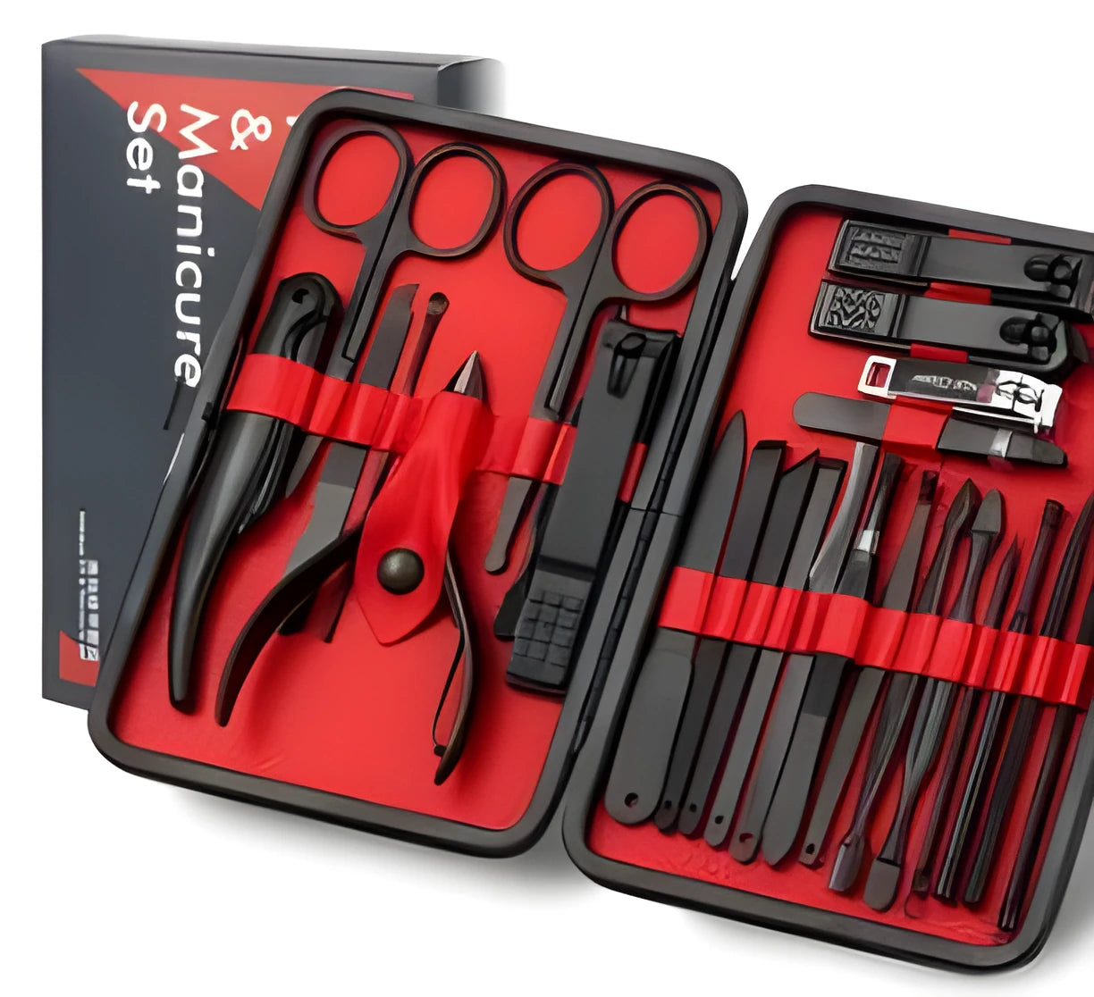 25-26 piece black steel nail clippers set in compact case with black and red leather accents