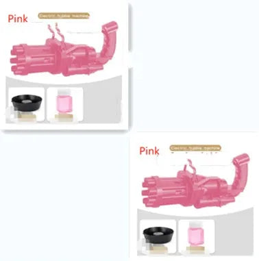 Children's bubble machine gun toy in pink, gold, or black colours with battery compartment and bubble solution.