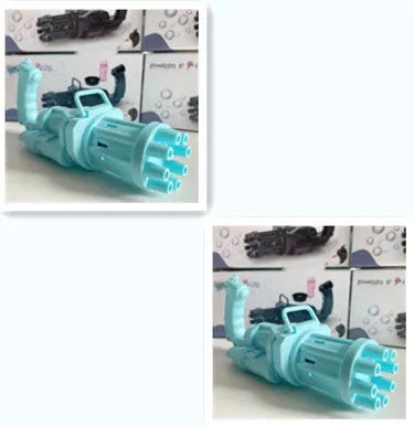 Children's bubble machine gun toy in pink, gold, or black colours with battery compartment and bubble solution.