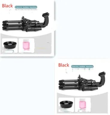 Children's bubble machine gun toy in pink, gold, or black colours with battery compartment and bubble solution.