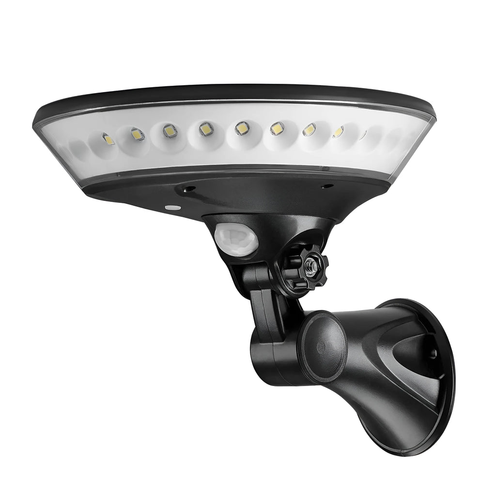 White 360-degree solar-powered outdoor LED light with motion sensor on a stake.