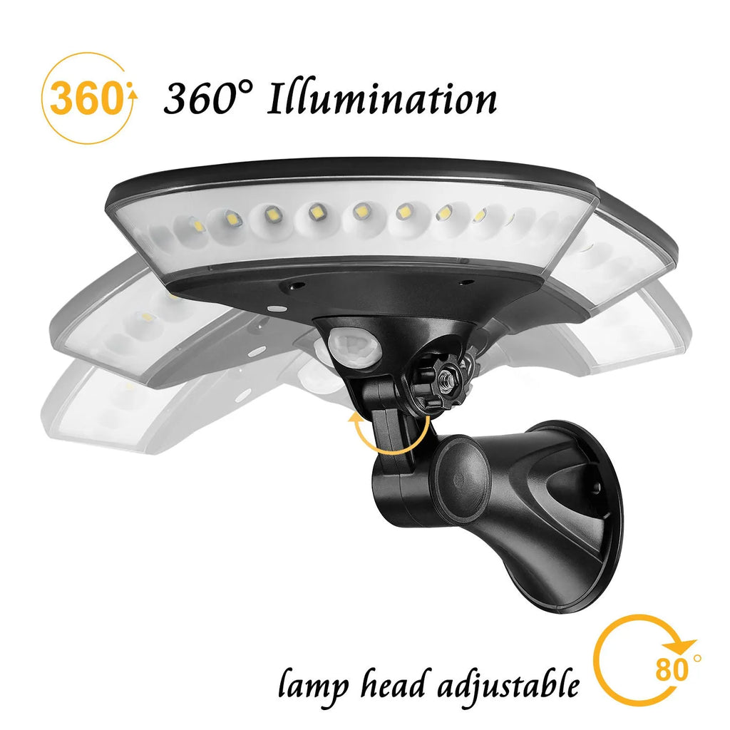 White 360-degree solar-powered outdoor LED light with motion sensor on a stake.