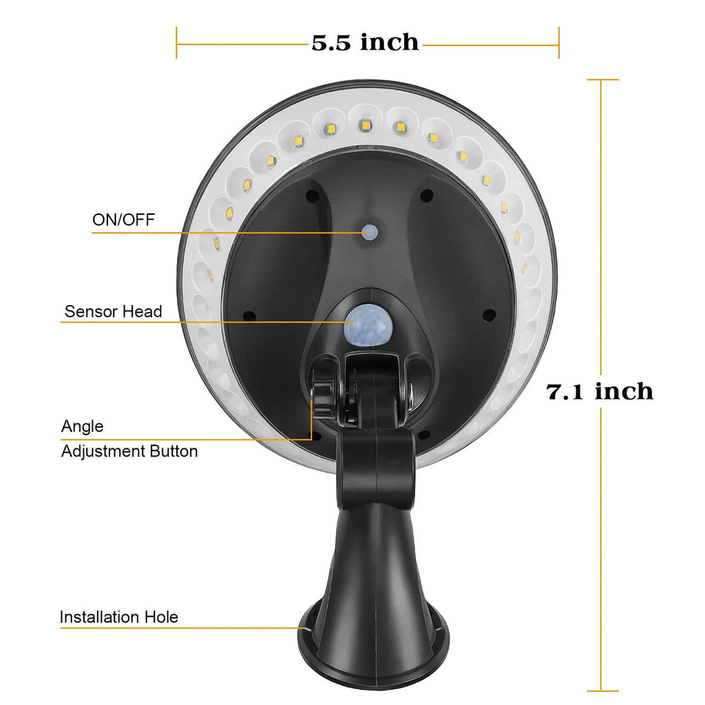 White 360-degree solar-powered outdoor LED light with motion sensor on a stake.