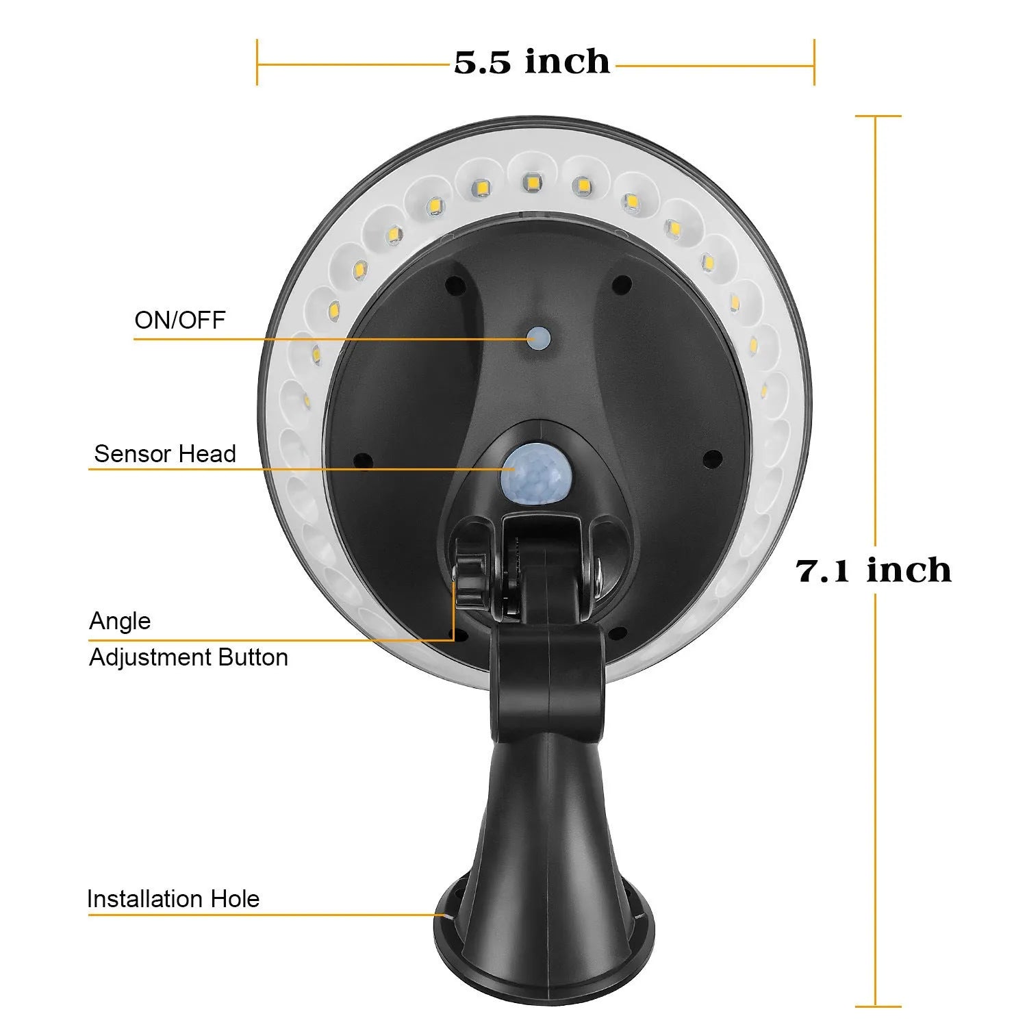 White 360-degree solar-powered outdoor LED light with motion sensor on a stake.
