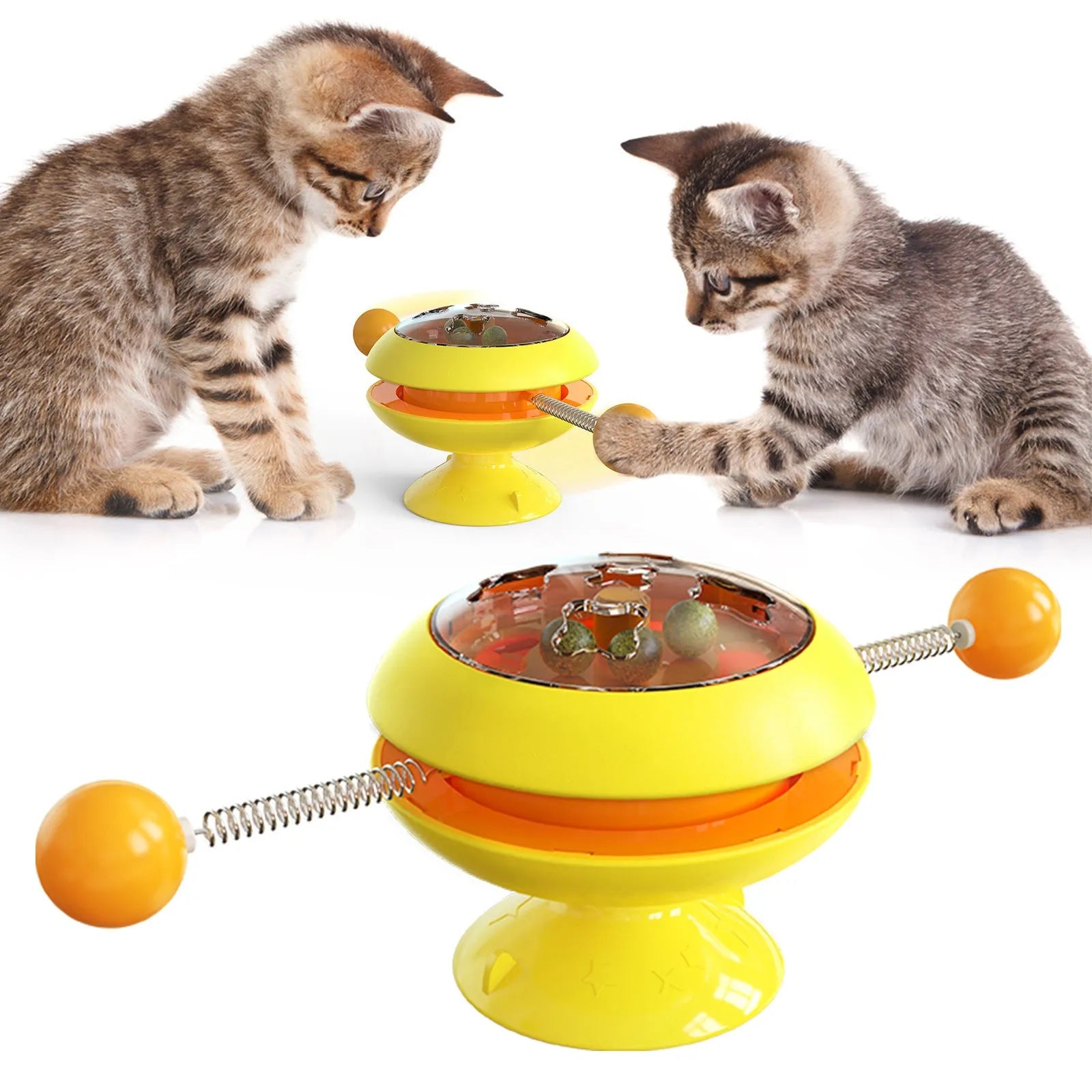 Rotatable interactive cat toy with suction cup base in lake blue, yellow, green, or pink.