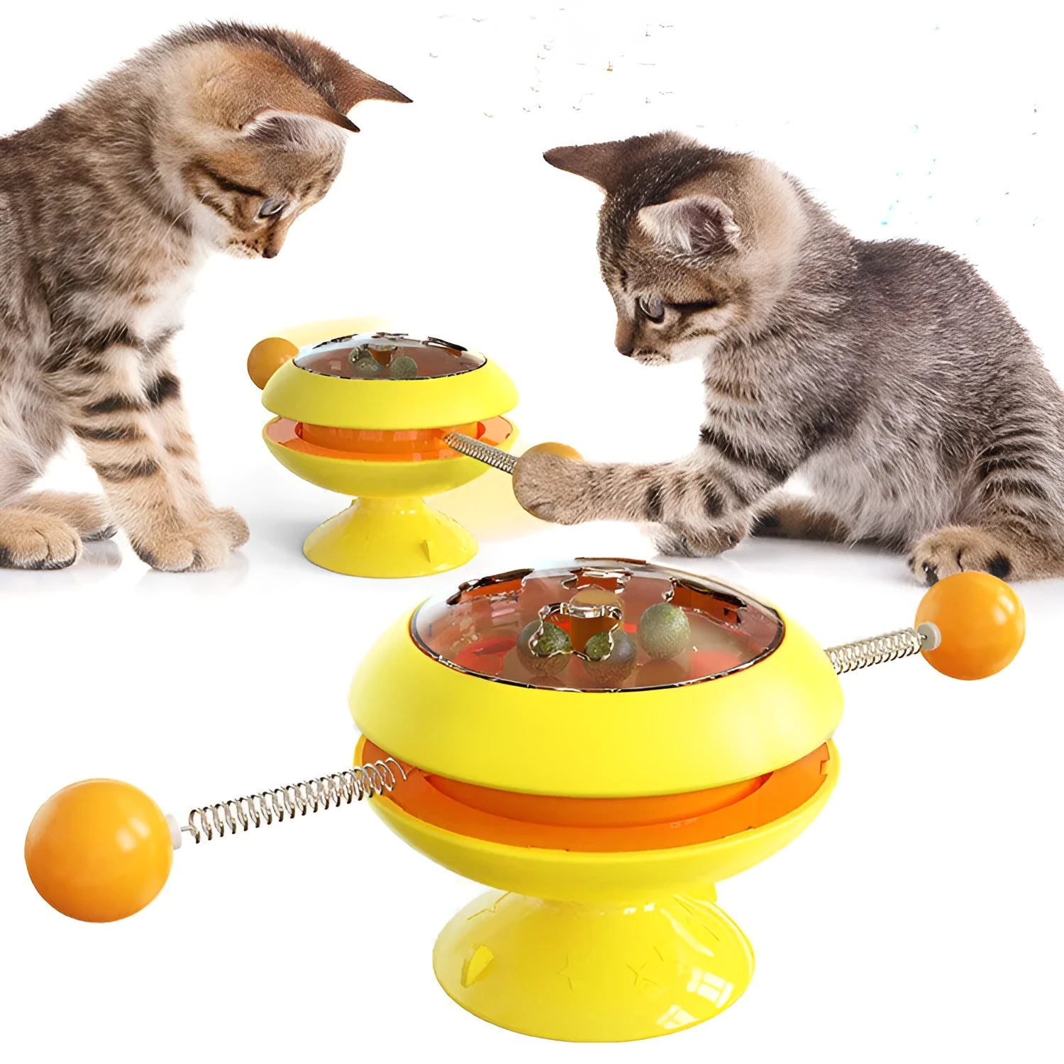 Rotatable interactive cat toy with suction cup base in lake blue, yellow, green, or pink.