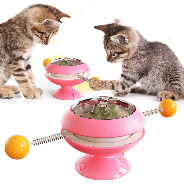 Rotatable interactive cat toy with suction cup base in lake blue, yellow, green, or pink.