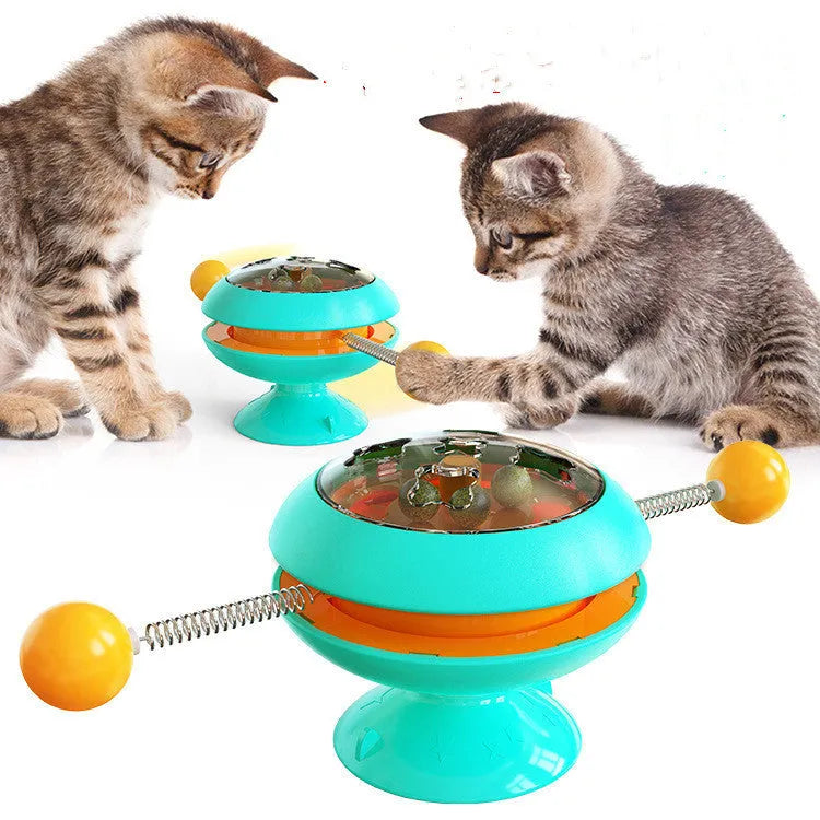 Rotatable interactive cat toy with suction cup base in lake blue, yellow, green, or pink.