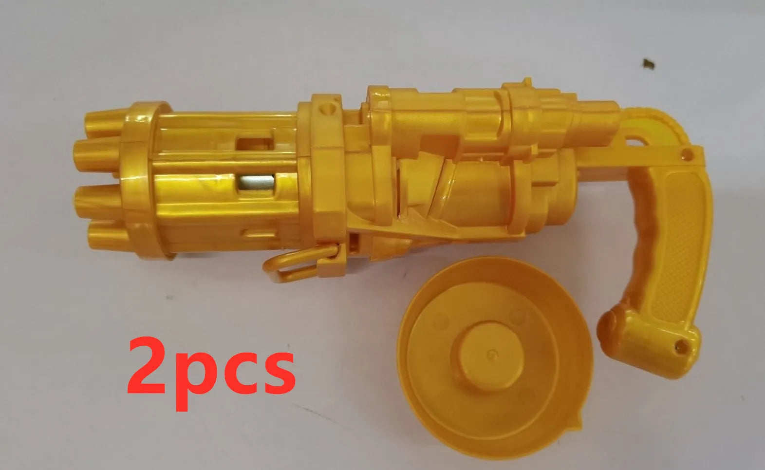 Children's bubble machine gun toy in pink, gold, or black colours with battery compartment and bubble solution.