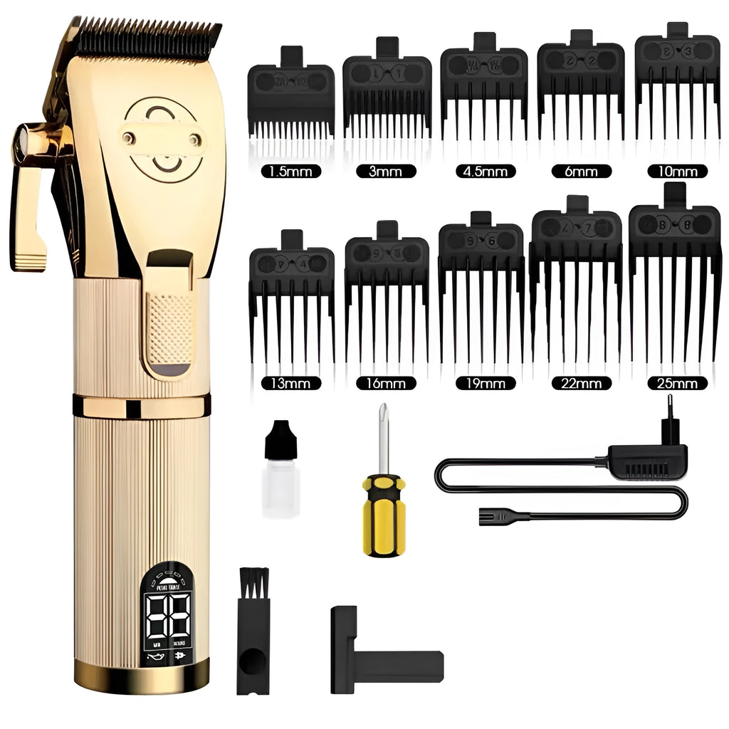 Gold-trimmed cordless hair clipper for barbershop and home haircuts with 25W power