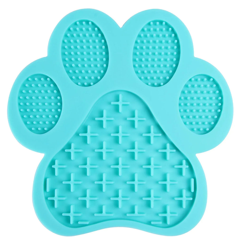 Blue dog lick pad made from food-grade silicone, 180 mm square, with suction cups for wall mounting