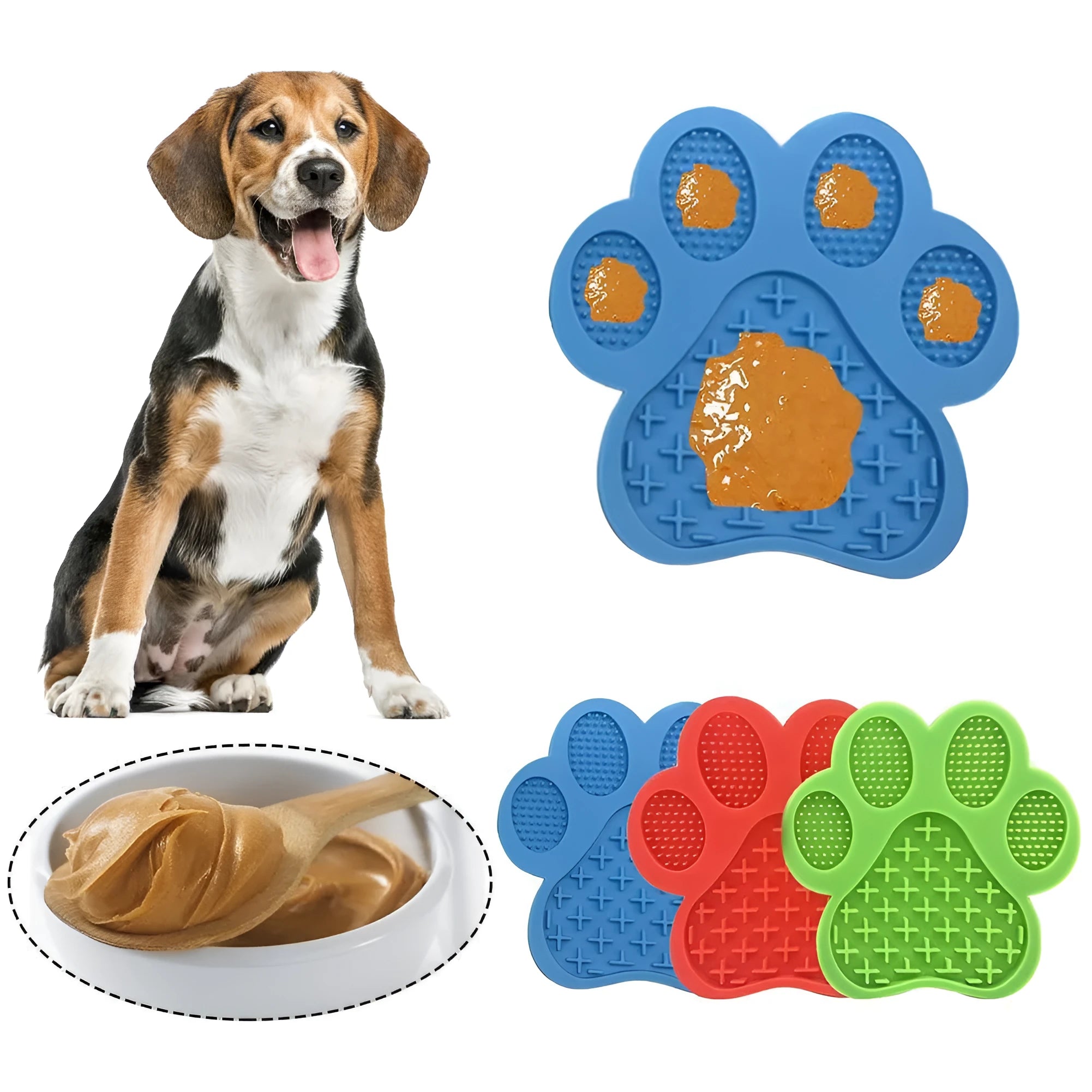 Blue dog lick pad made from food-grade silicone, 180 mm square, with suction cups for wall mounting
