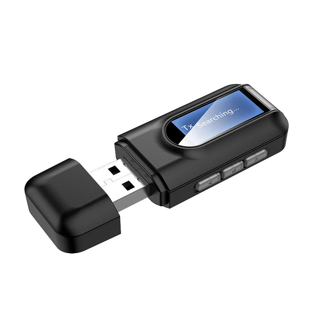Black Bluetooth 5.0 audio adapter receiver transmitter combo with AUX cable and external power supply