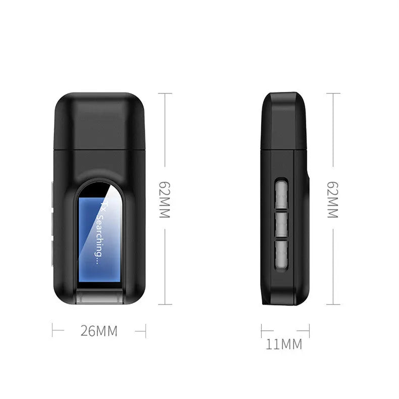 Black Bluetooth 5.0 audio adapter receiver transmitter combo with AUX cable and external power supply