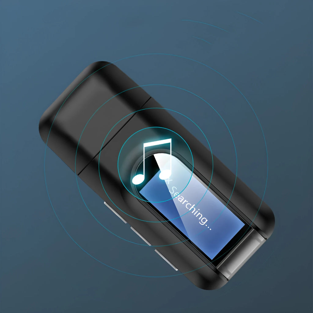 Black Bluetooth 5.0 audio adapter receiver transmitter combo with AUX cable and external power supply