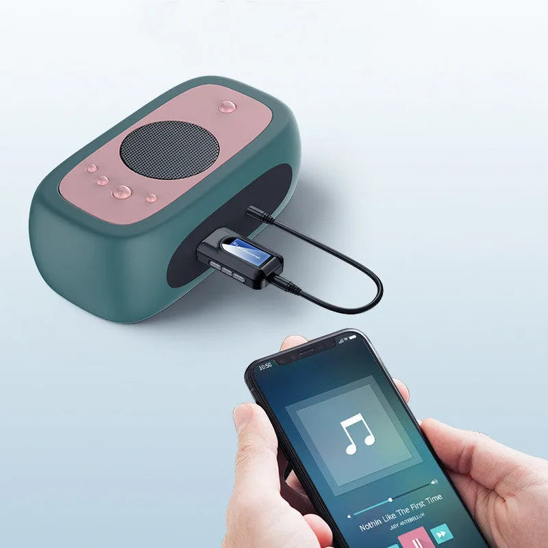Black Bluetooth 5.0 audio adapter receiver transmitter combo with AUX cable and external power supply
