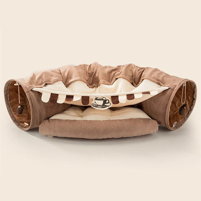 Collapsible cloth cat tunnel in Bar, Coffee, Matcha, or Pink colour, shown folded and unfolded.