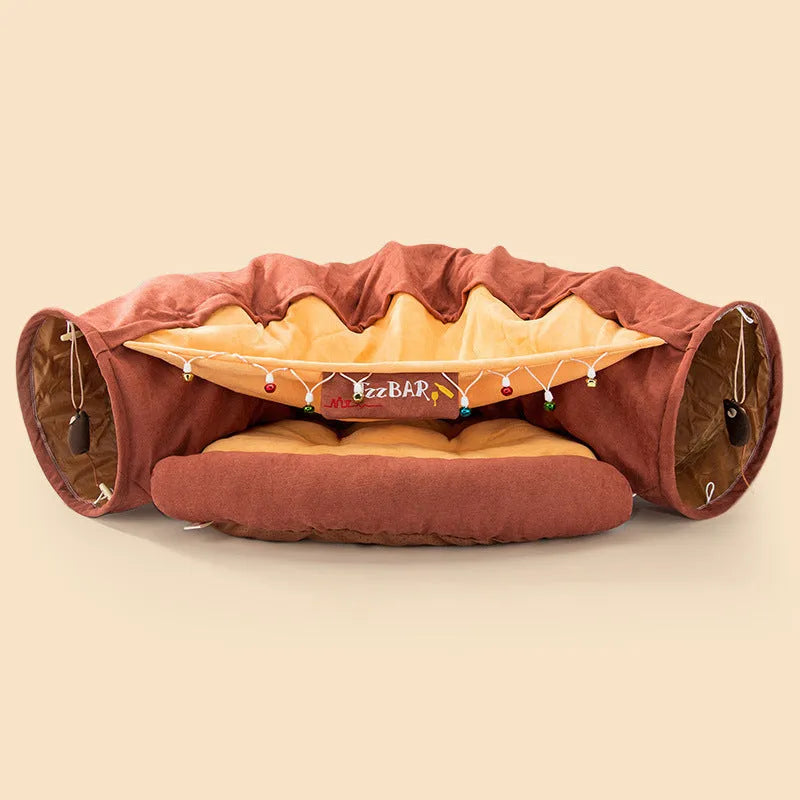 Collapsible cloth cat tunnel in Bar, Coffee, Matcha, or Pink colour, shown folded and unfolded.
