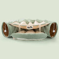 Collapsible cloth cat tunnel in Bar, Coffee, Matcha, or Pink colour, shown folded and unfolded.