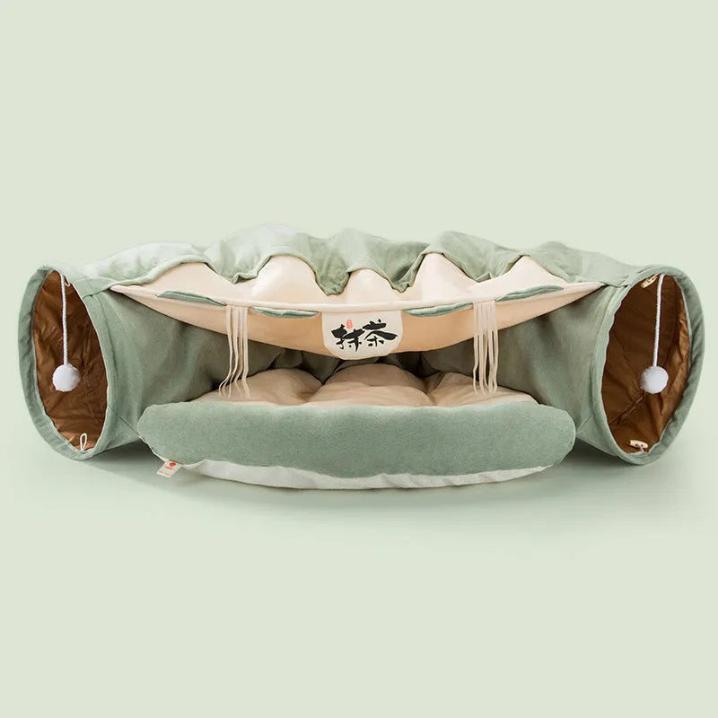 Collapsible cloth cat tunnel in Bar, Coffee, Matcha, or Pink colour, shown folded and unfolded.