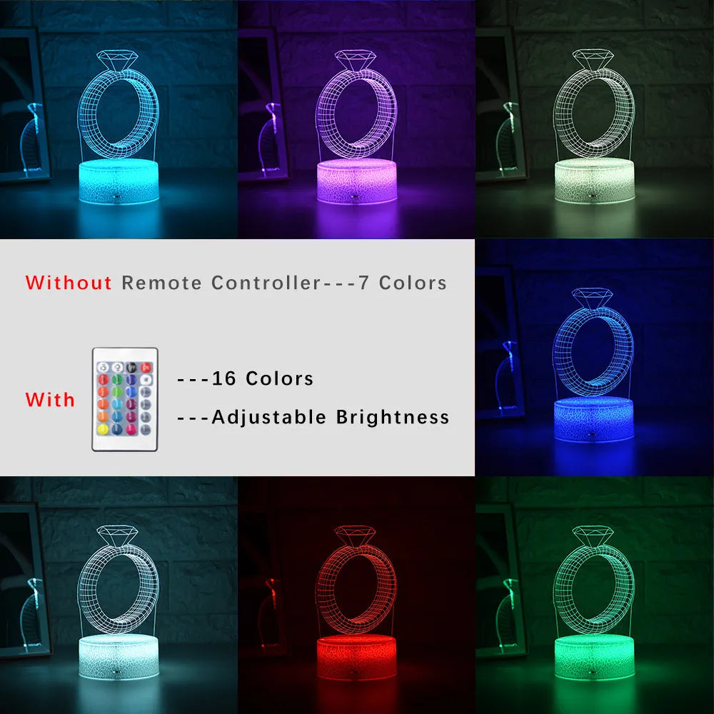3D diamond ring LED night light with colour changing modes on black background
