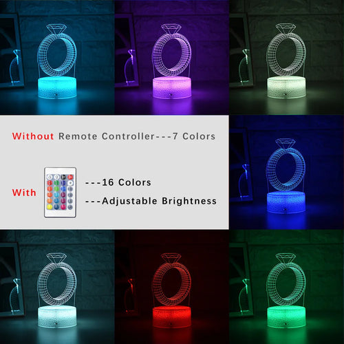 3D diamond ring LED night light with colour changing modes on black background