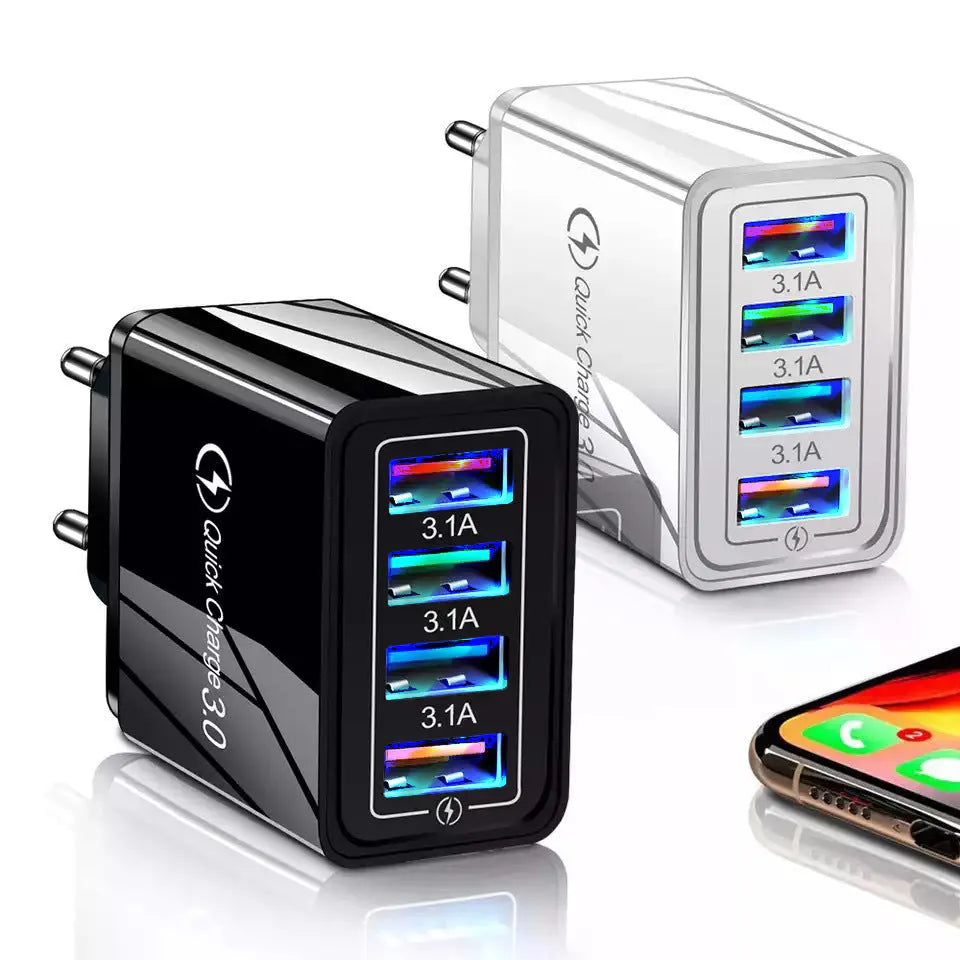 Luminous 4-port USB mobile phone charger in multiple colours with EU and US plug options on a white background.