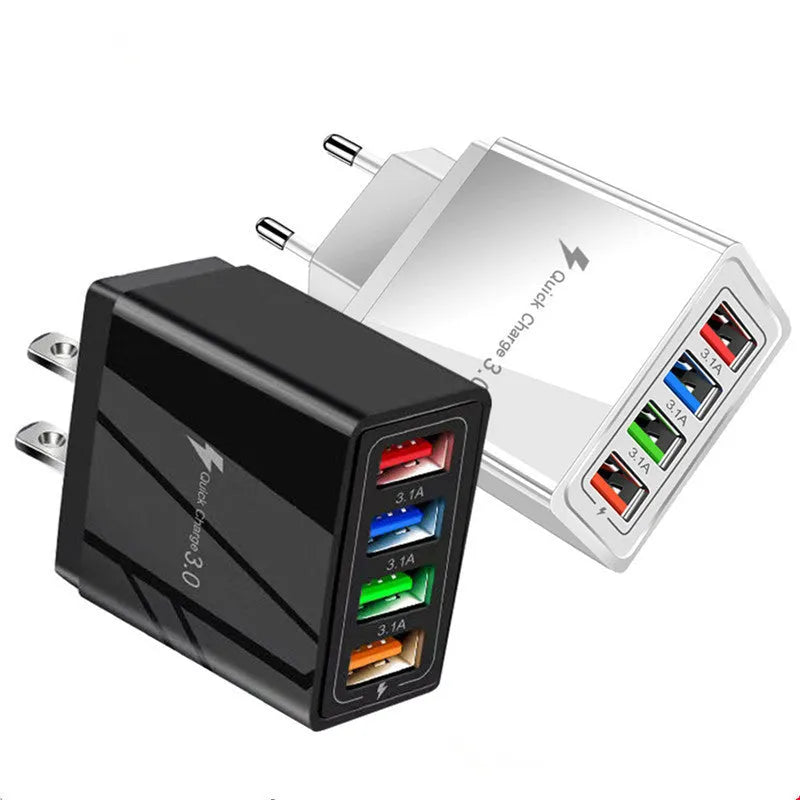 Luminous 4-port USB mobile phone charger in multiple colours with EU and US plug options on a white background.