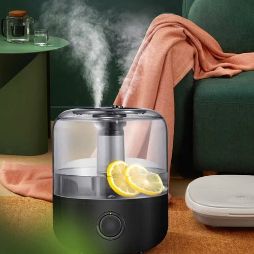 White or black ultrasonic humidifier with 3-litre tank, dimensions 183x183x233mm.