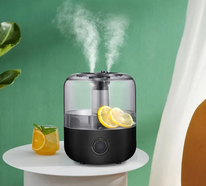 White or black ultrasonic humidifier with 3-litre tank, dimensions 183x183x233mm.