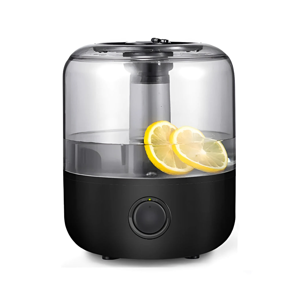 White or black ultrasonic humidifier with 3-litre tank, dimensions 183x183x233mm.
