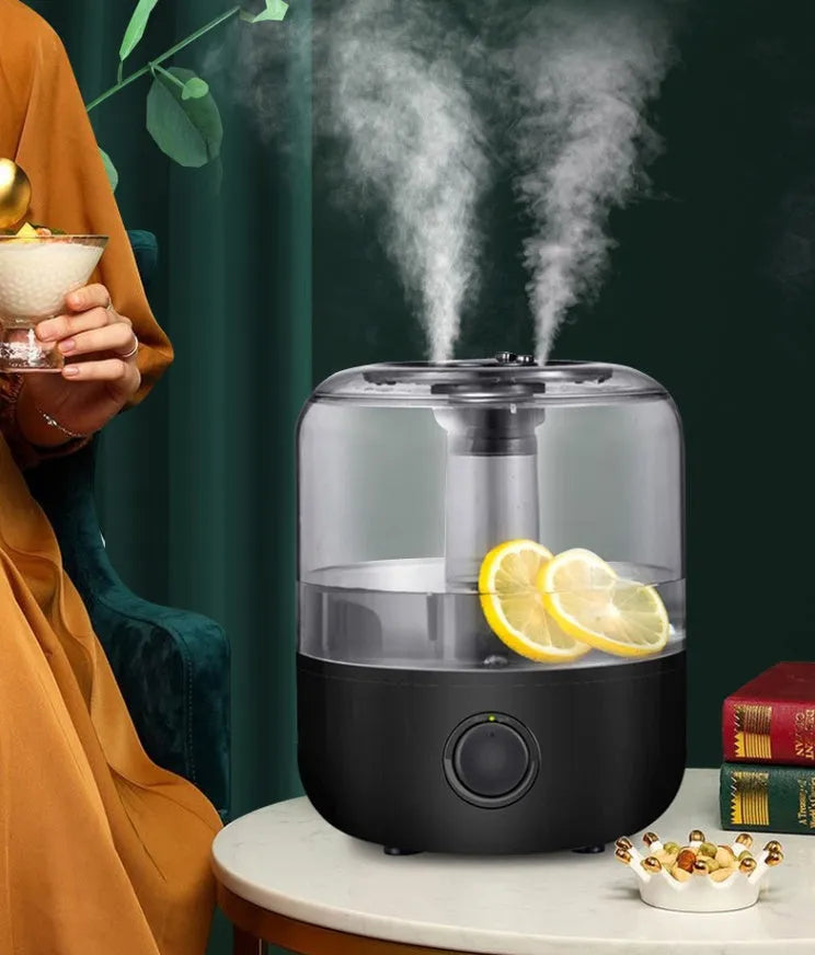 White or black ultrasonic humidifier with 3-litre tank, dimensions 183x183x233mm.