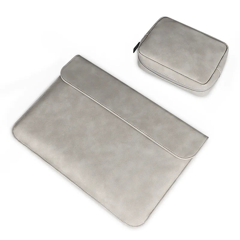 LLANO brown sheepskin laptop sleeve for 13.3 inch MacBook with lock and vertical orientation