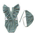 Girls kids swimsuit in high-elasticity polyester with plaid pattern, available in blue colour, size M for 80-90cm toddlers