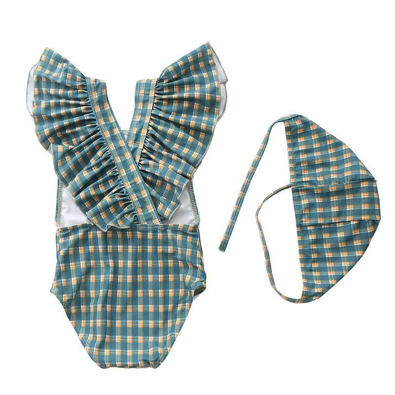 Girls kids swimsuit in high-elasticity polyester with plaid pattern, available in blue colour, size M for 80-90cm toddlers