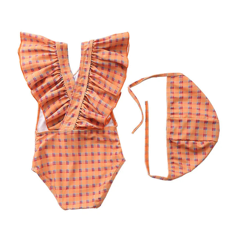 Girls kids swimsuit in high-elasticity polyester with plaid pattern, available in blue colour, size M for 80-90cm toddlers