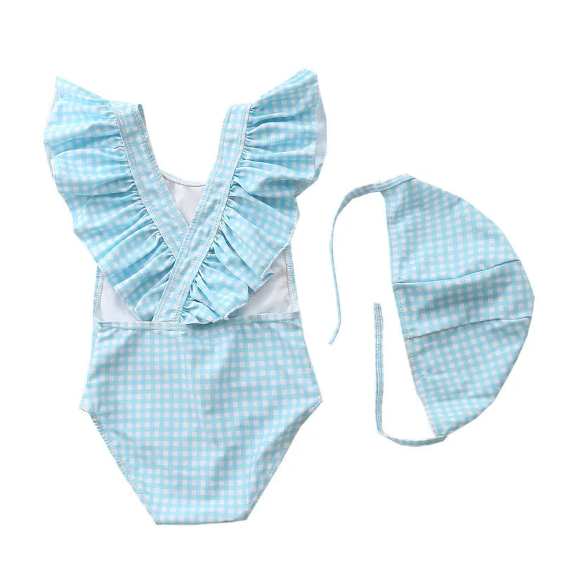 Girls kids swimsuit in high-elasticity polyester with plaid pattern, available in blue colour, size M for 80-90cm toddlers