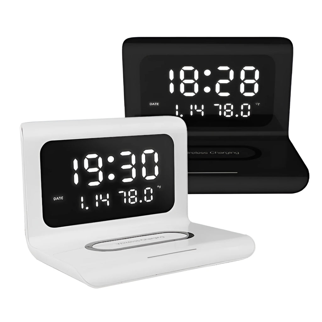 White and black wireless charging alarm clock showing time, date, temperature, and humidity on its display.