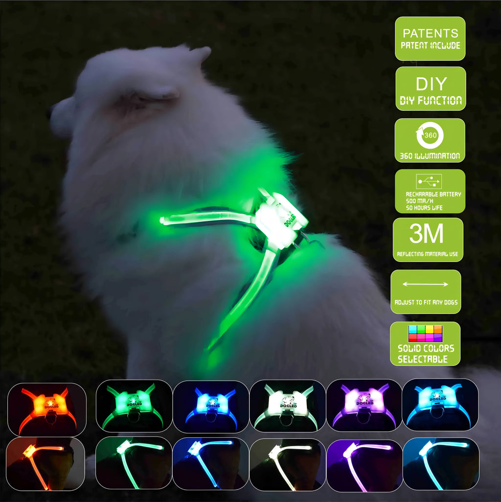 USB rechargeable LED silicone dog collar with seven colour modes for small to large breeds