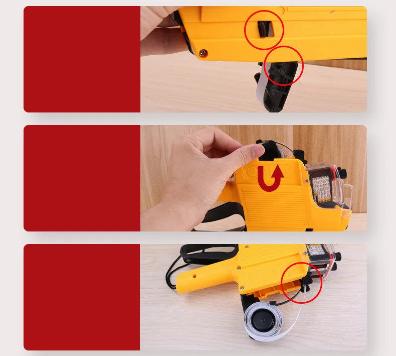 Manual coding price machine for supermarket bottle packaging labelling in blue, red, and yellow colours