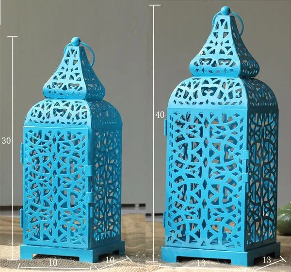 Geometric Moroccan iron lantern candle holder with retro hollow design in blue colour