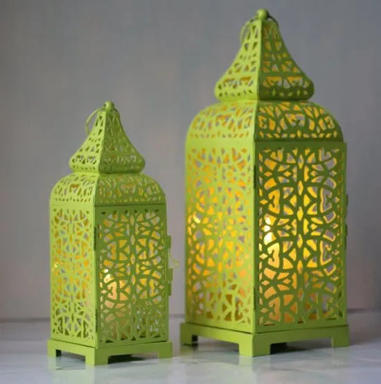 Geometric Moroccan iron lantern candle holder with retro hollow design in blue colour