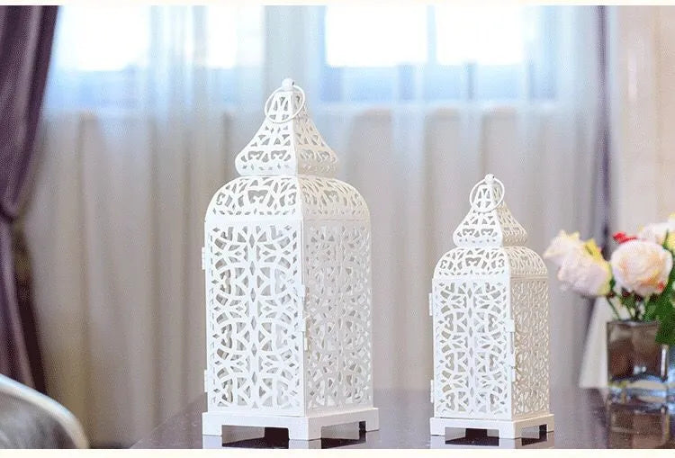 Geometric Moroccan iron lantern candle holder with retro hollow design in blue colour