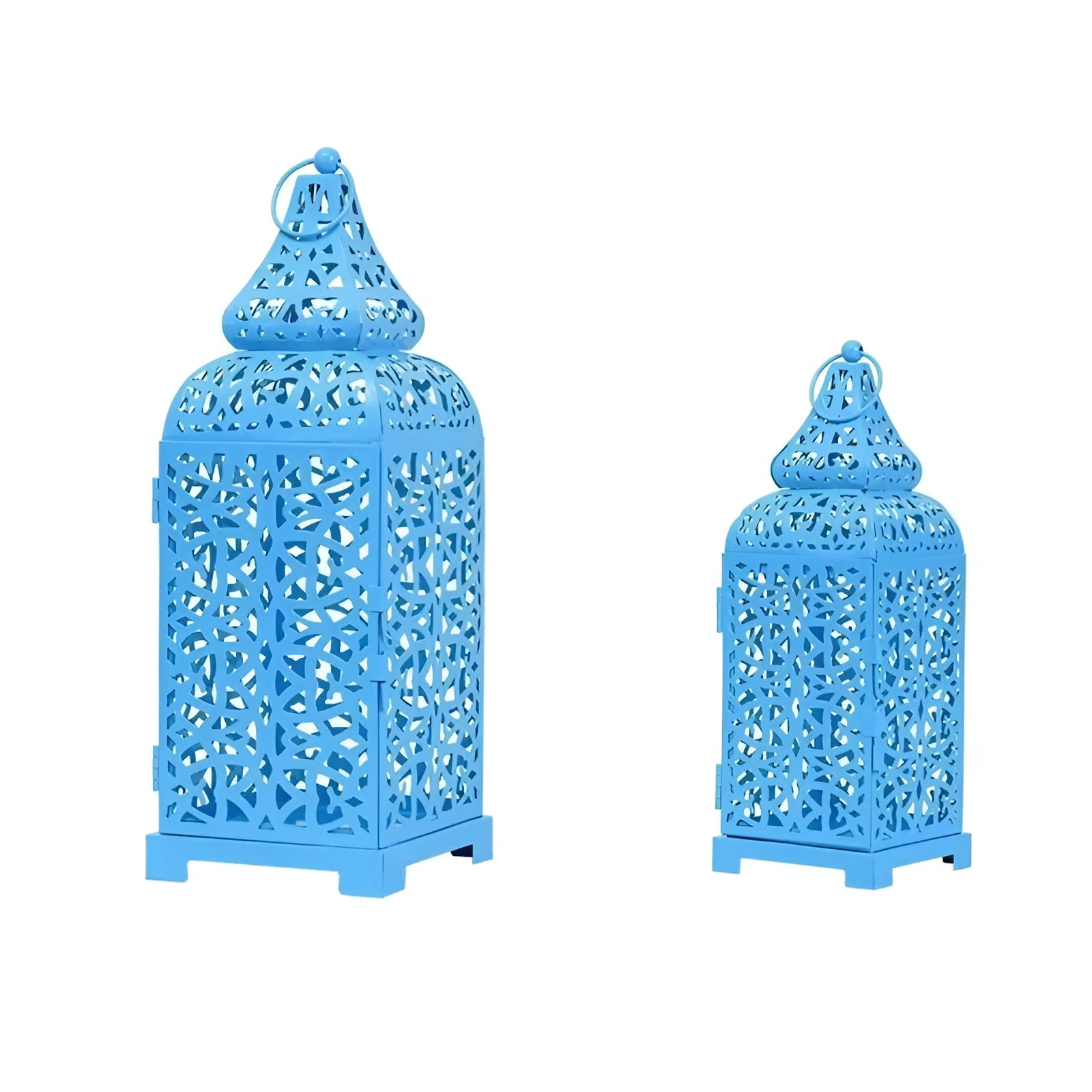 Geometric Moroccan iron lantern candle holder with retro hollow design in blue colour