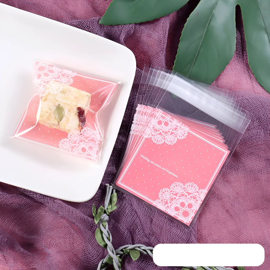 Pink self-adhesive plastic packaging bags for handmade soaps, 7cm by 7cm with 3cm flap