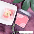 Pink self-adhesive plastic packaging bags for handmade soaps, 7cm by 7cm with 3cm flap