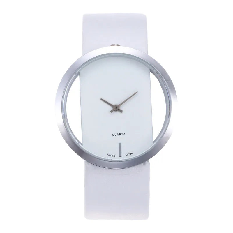 Unisex leather quartz wrist watch with black strap and glass dial