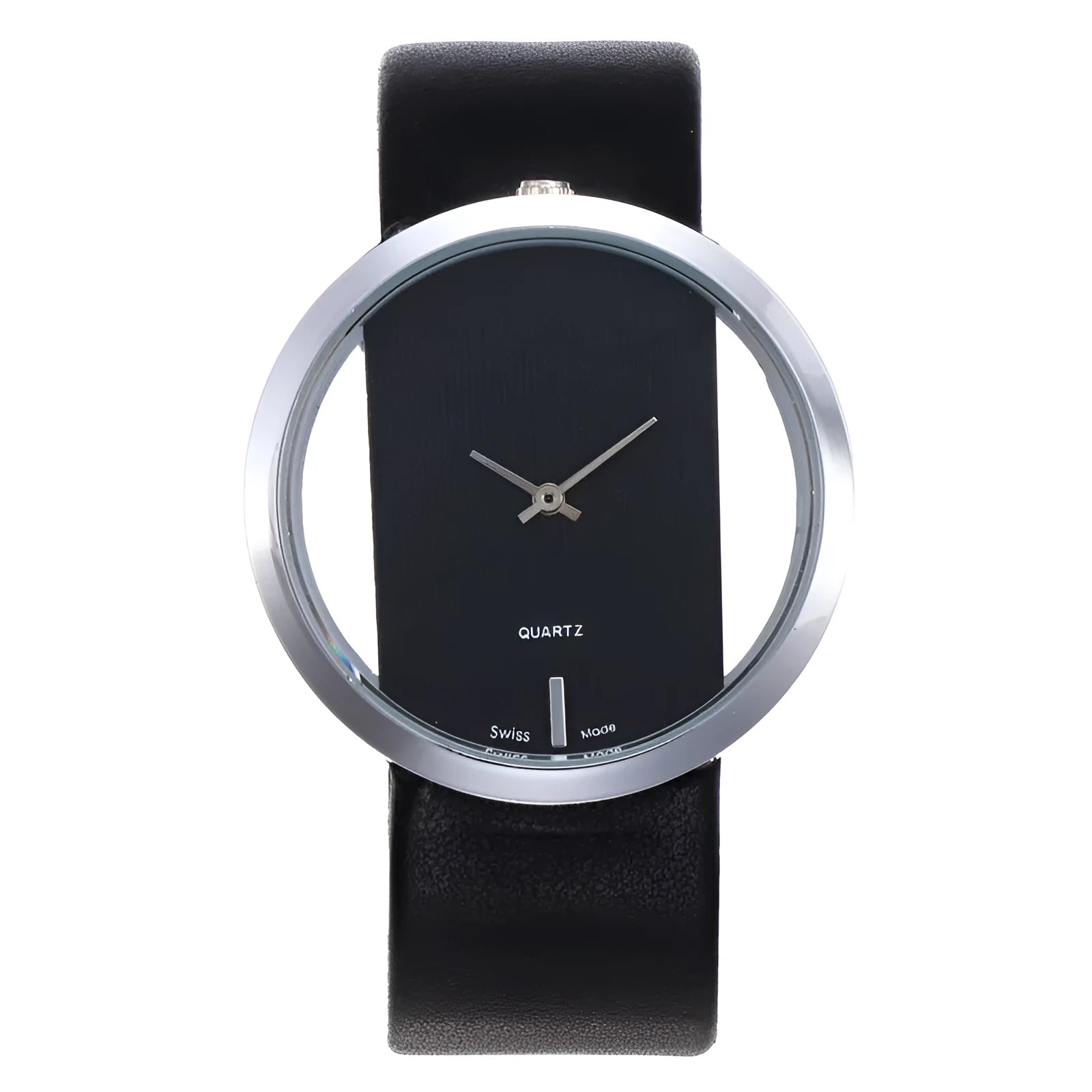 Unisex leather quartz wrist watch with black strap and glass dial